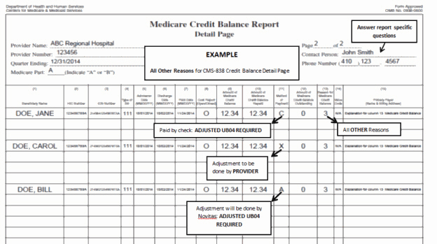 Acceptable CMS-838 Detail Page when “Other” is the Reason for Medicare Credit Balance (Block 13)