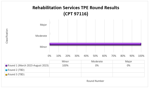 art Title: Rehabilitation Services TPE Round Results (CPT 97116)Chart details: (March 2023-August 2023)Round 1 (Date) Minor (100%) Moderate (0%) Major (0%)