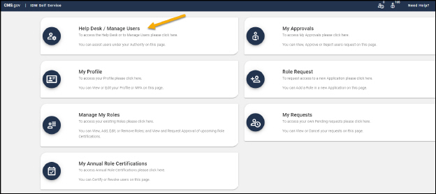 me screen tiles with arrow pointing to the help desk / manage users tile