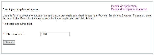 his image shows the screen the user will see when they choose to check the status of their application submission.