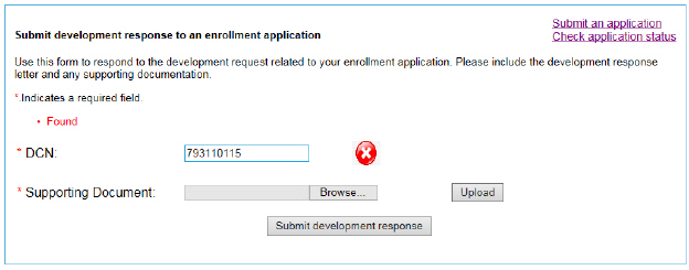 his image shows the screen where a user has attempted to submit a development response for a DCN that is found in the system.