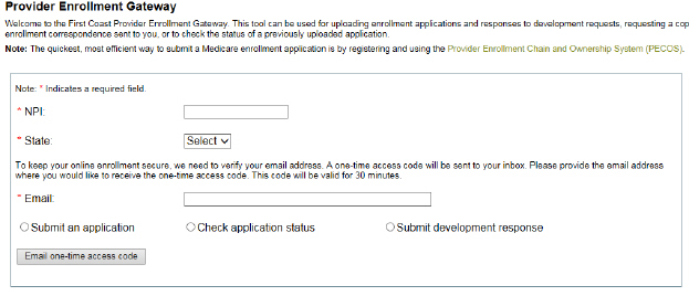 is image shows the entry screen for the Gateway where the user is required to enter their NPI, select the state of enrollment, enter their email address, and select the Gateway action.