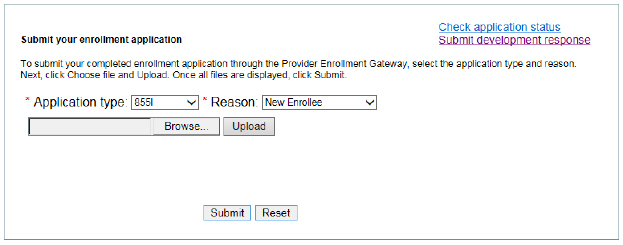 his is the screen the user will see when submitting an application. The user will select an application type and reason, and will browse from their documents to upload for submission.