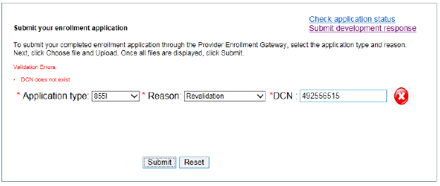 his image shows a red X and error message when an invalid revalidation DCN has been entered for the submission of a revalidation application.