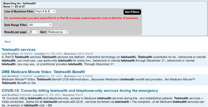 age of First Coast search results page after searching for telehealth as the term.