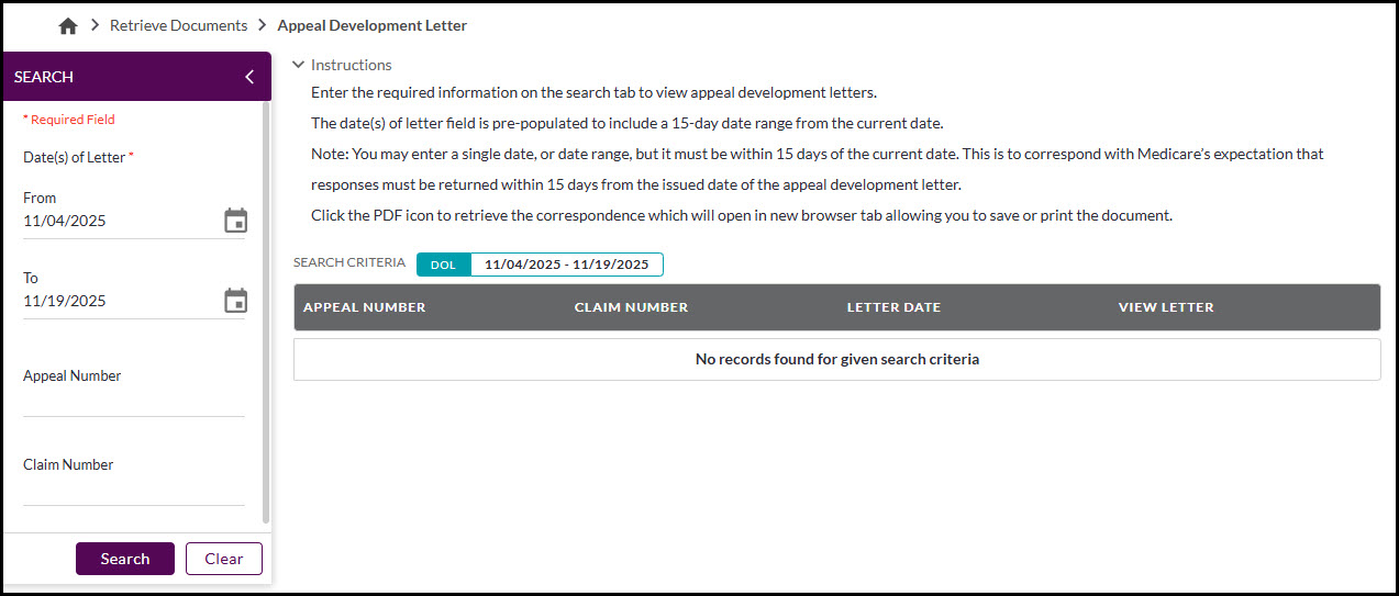 Appeal Development Letter screen