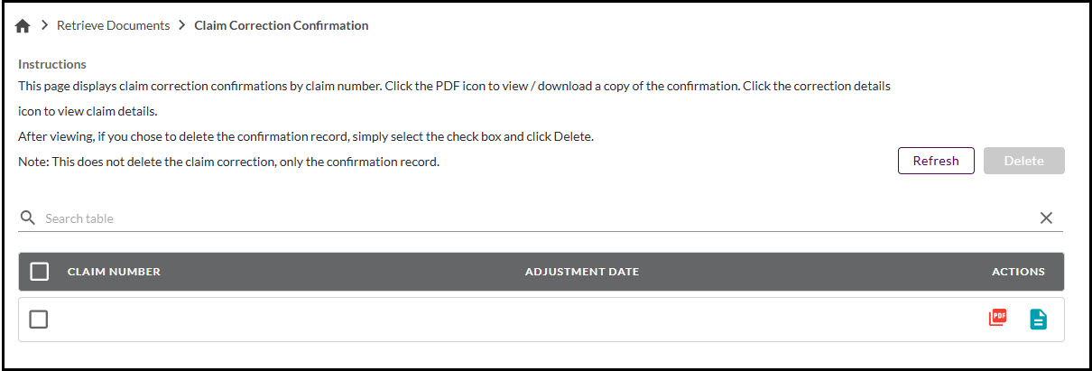 Claim correction confirmation screen