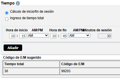 Cálculo de la hora de inicio y de fin
