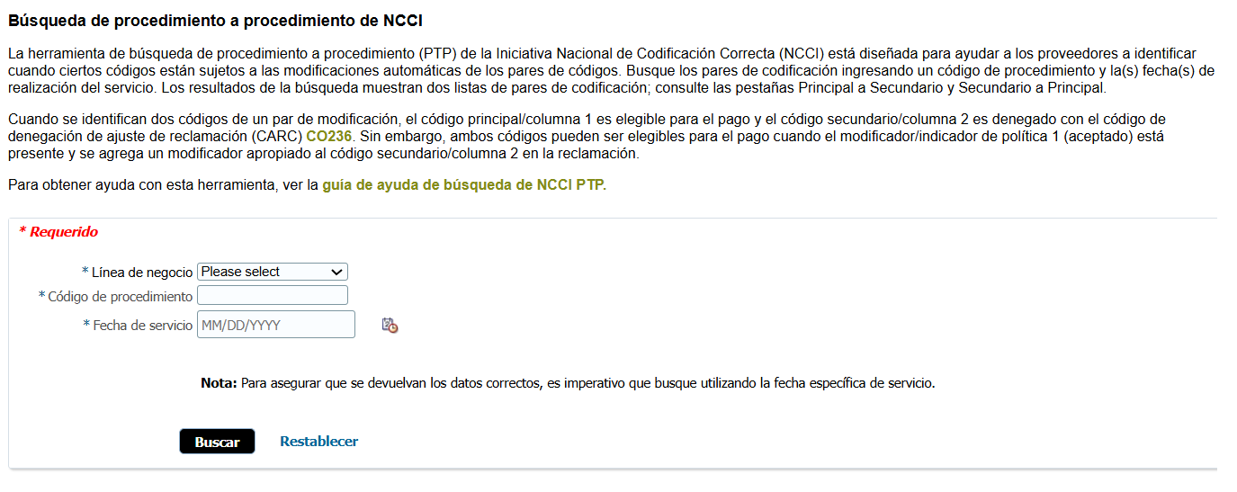 Búsqueda de procedimiento a procedimiento de NCCI