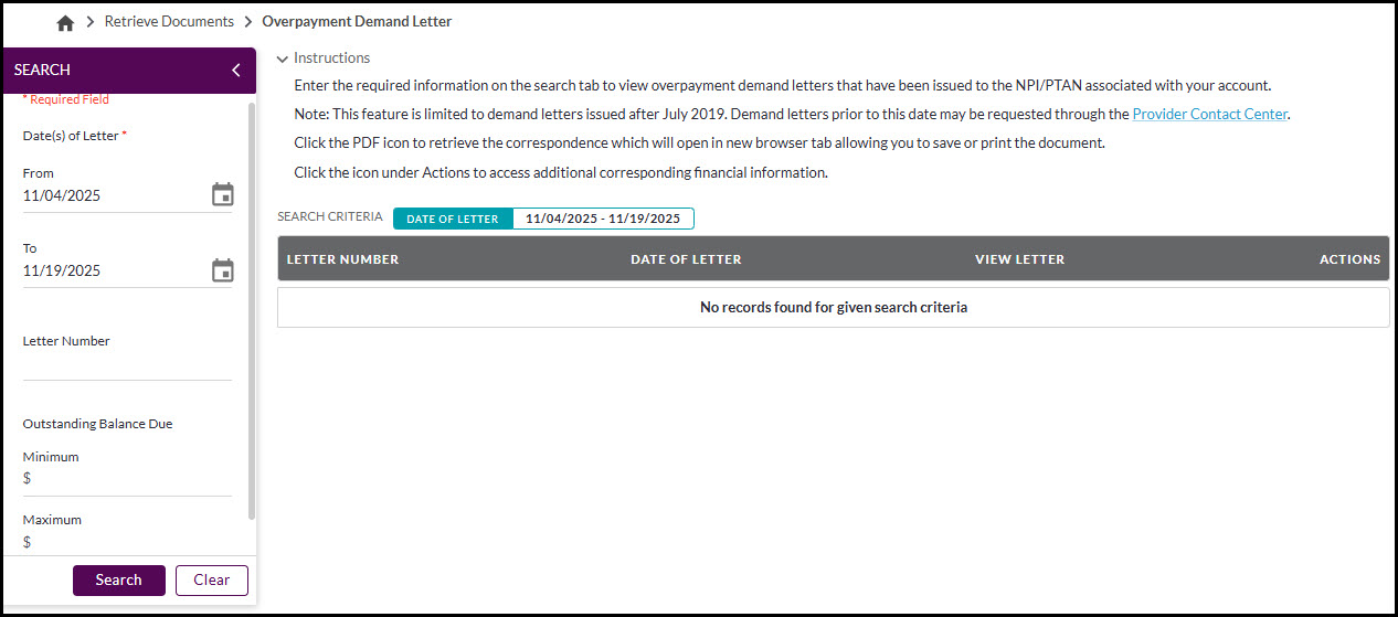 Overpayment Demand Letter screen
