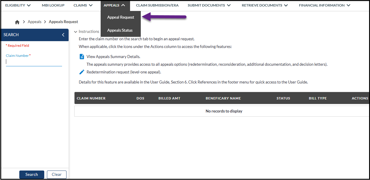 part a appeals menu
