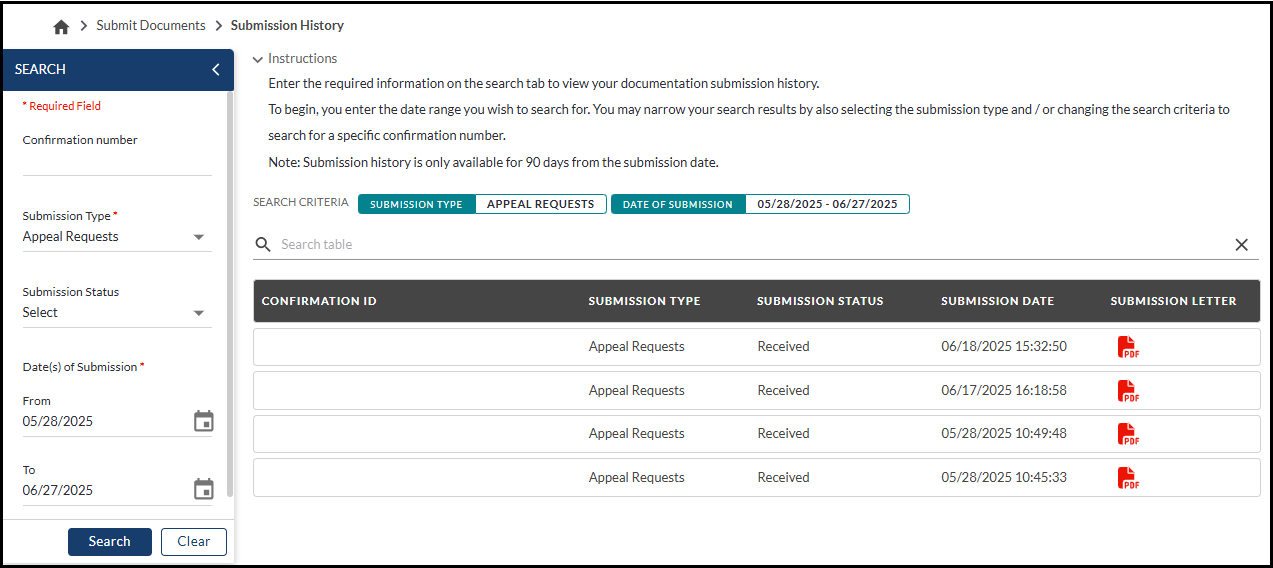 submission history screen