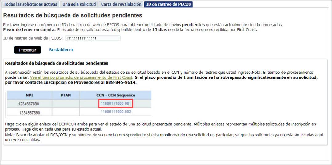 ID de rastreo de PECOS: resultados