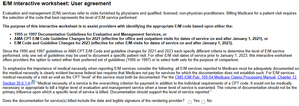 E/M interactive worksheet: User agreement
