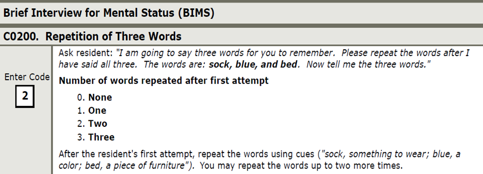 screen shot of C0200 Brief Interview for Mental Status (BIMS)