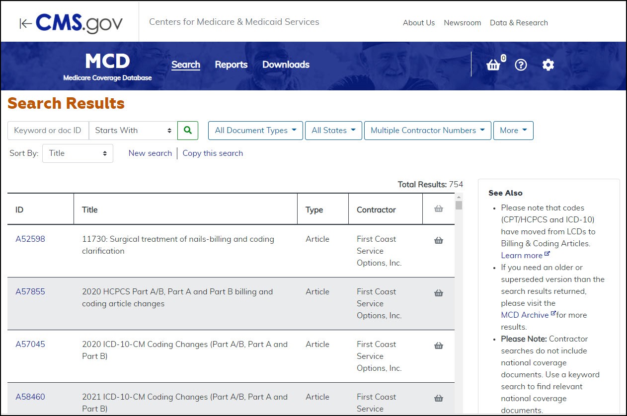 filtered search within the CMS MCD