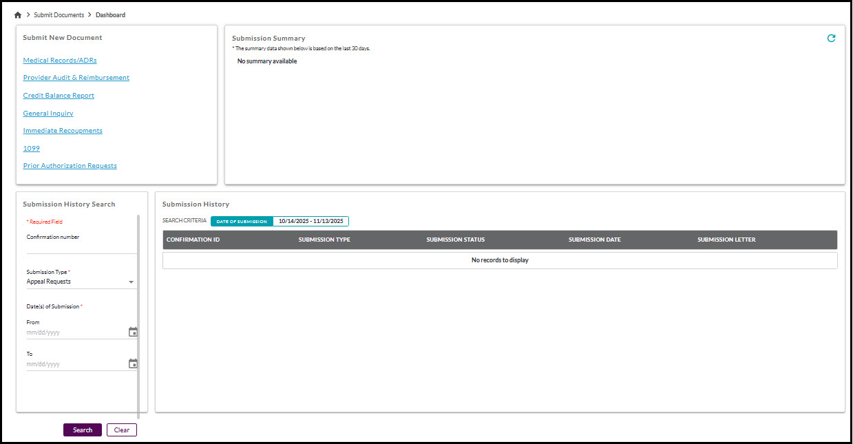 Submit  Documents dashboard