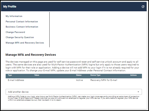 my profile - manage MFA screen