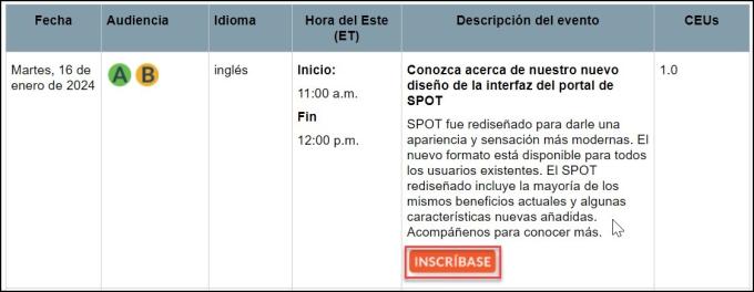 Ejemplo de evento desde el calendario de eventos