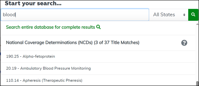 Image of Medicare Coverage Database search screen results.
