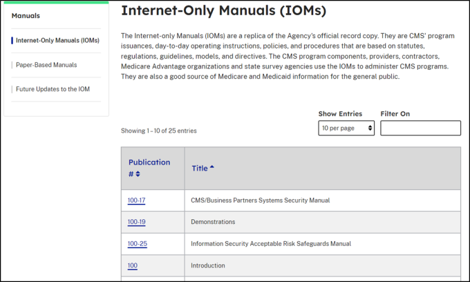 Image of the CMS internet only manuals list selection.