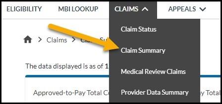 Claims menu