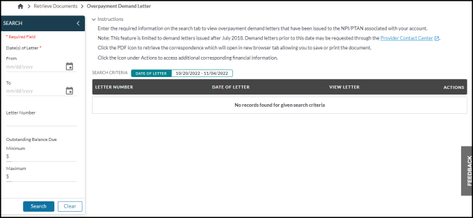 Overpayment Demand Letter screen