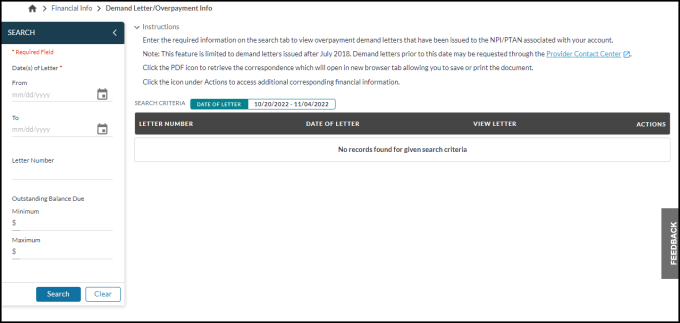 Demand Letter / Overpayment Search Screen