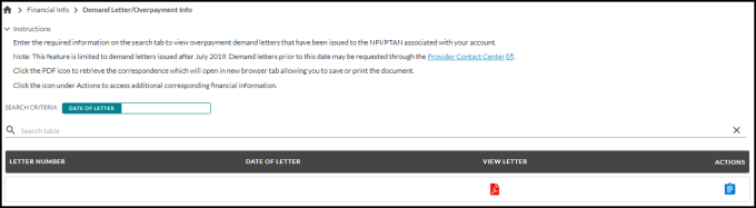 Demand Letter / Overpayment Search Results