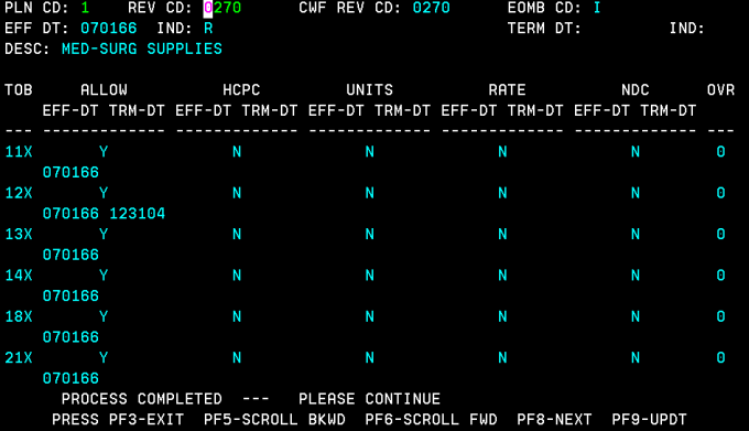 revenue code inquiry screen