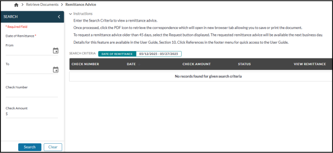 Remittance advice screen
