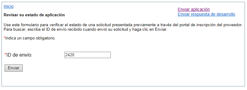This image shows the screen the user will see when they choose to check the status of their application submission.