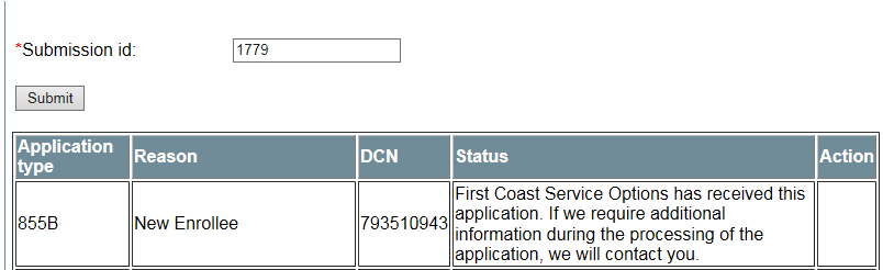 This image shows the screen the user will see when they have entered their submission ID and the status of their application is provided.