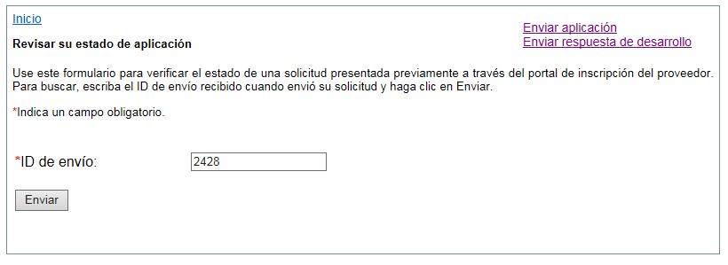 This image shows the screen where the user may check on the status of submitted applications.
