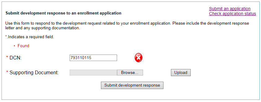 This image shows the screen where a user has attempted to submit a development response for a DCN that is found in the system.