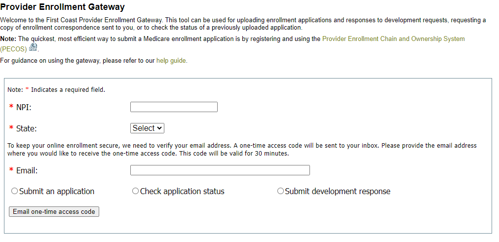 This image shows the entry screen for the Gateway where the user is required to enter their NPI, select the state of enrollment, enter their email address, and select the Gateway action.