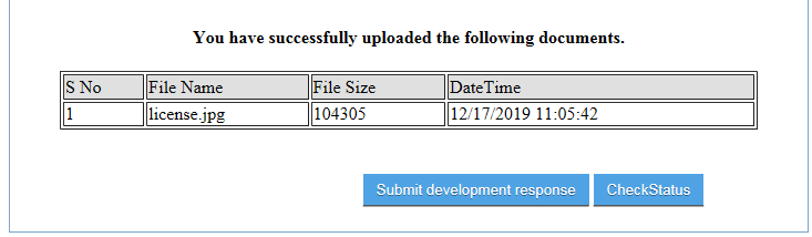 This image shows the confirmation screen where a user has submitted a development response for a DCN that is found in the system.