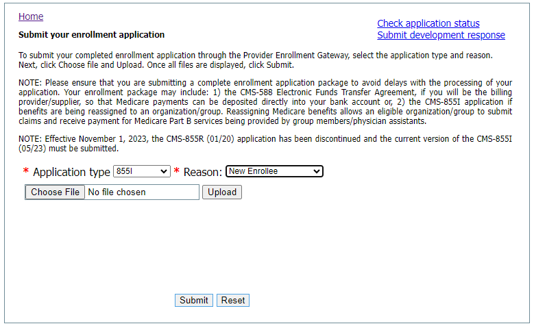 This is the screen the user will see when submitting an application. The user will select an application type and reason, and will browse from their documents to upload for submission.