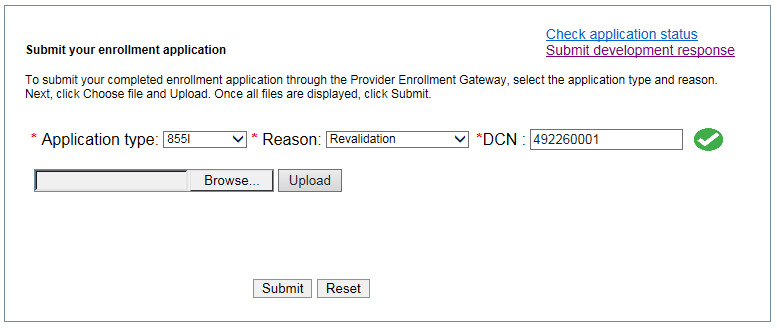 This image shows a green checkmark when a valid revalidation DCN has been entered for the submission of a revalidation application.