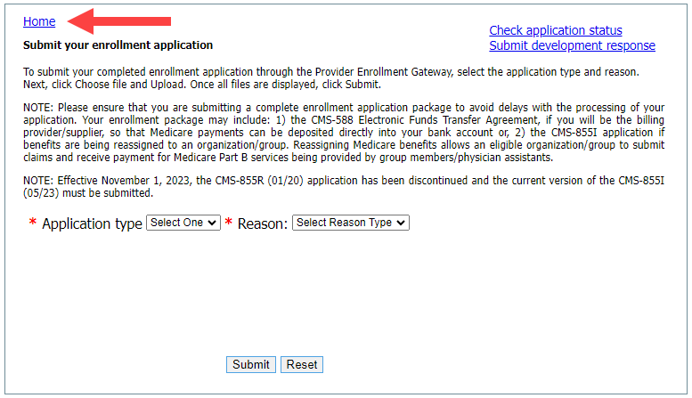 This screen shows the Home button that the user can click to return to main page with the disclaimer to reenter the Gateway with different information.