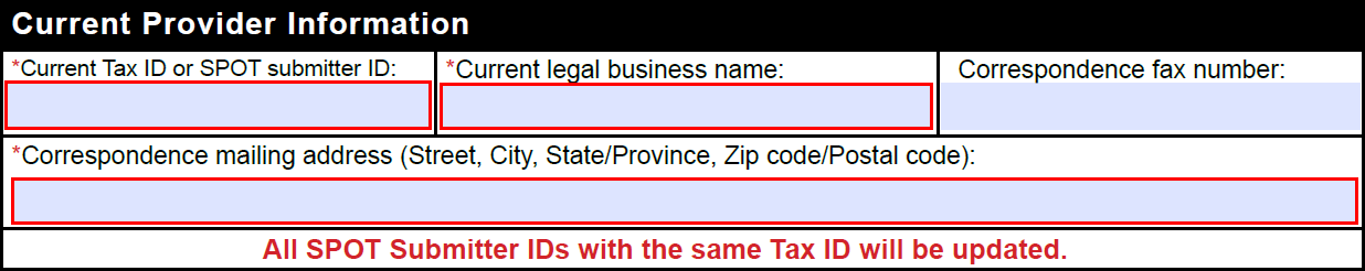 Casilla de información actual del proveedor