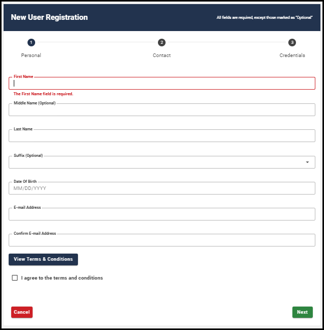 new user registration screen