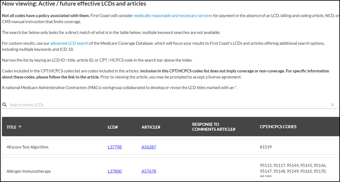 Imagen de la página web de la herramienta de búsqueda de LCD de First Coast.